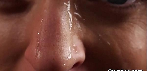  Spicy hottie gets sperm shot on her face swallowing all the jism